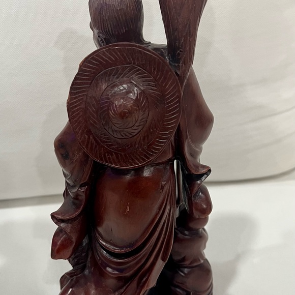 19th Cent Vintage Japanese Carved Wood Fisherman with Boy, Fish and Fishing Net - Picture 8 of 12
